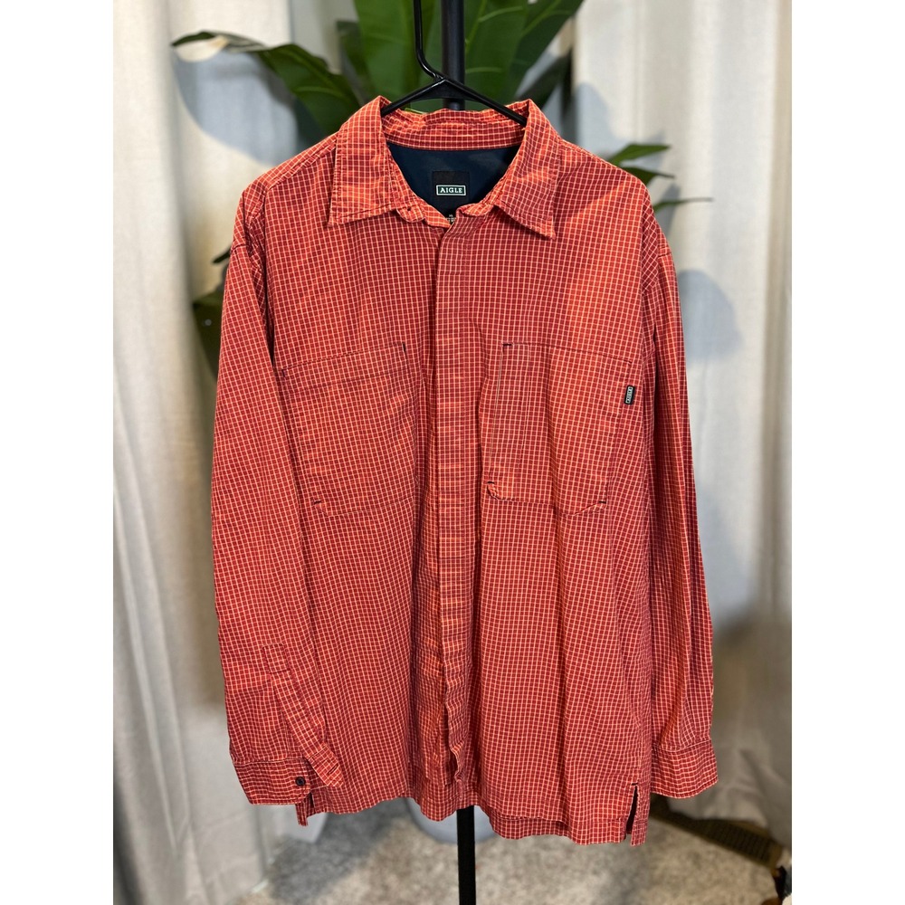 Aigle Mens XL Red Micro Check Cotton Long Sleeve Button Down Utility Shirt